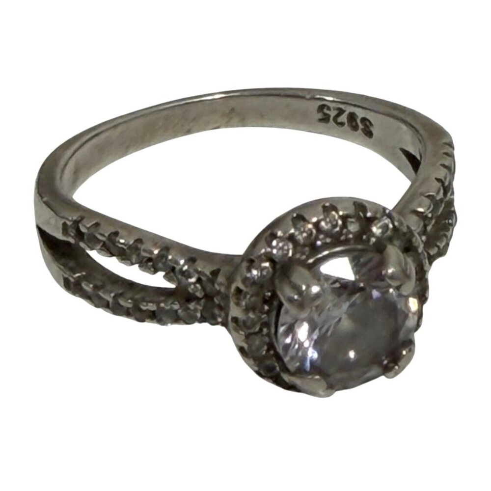 Sterling Silver Clear Stones Halo Design Accents Ring 925 Size 8 Missing Stones